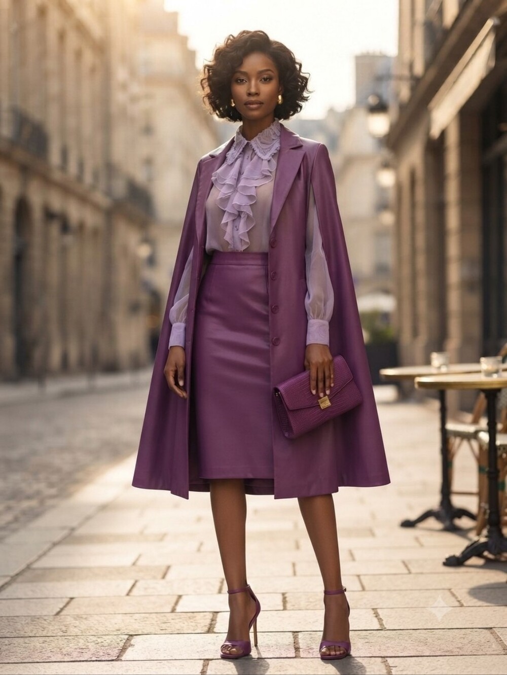 Ashro Elegant Plum Faux Leather Cape & Skirt Set Suit
